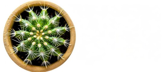 Poster - Cactus plant in clay pot top view isolated on white background, clipping path included. Copy space image. Place for adding text and design