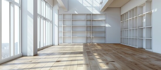 Wall Mural - Interior of spacious room with empty shelves and wooden floor in modern apartment. Copy space image. Place for adding text and design