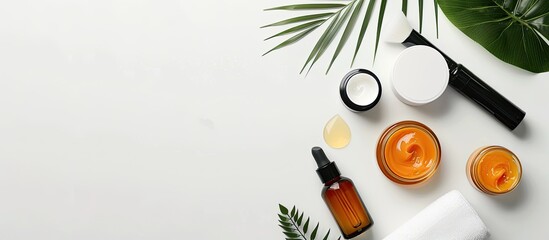 Wall Mural - Top view of different cosmetics products on the white background. Copy space image. Place for adding text or design