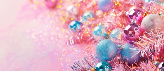 Poster - New Year's background. Tinsel and Christmas balls pastel background. Copy space image. Place for adding text and design