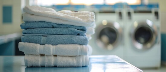 Stack of clean towels on table in laundromat. Copy space image. Place for adding text and design