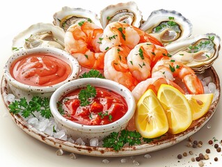 Vector graphic of a seafood platter with shrimp, oysters, lemon wedges, and dipping sauces.