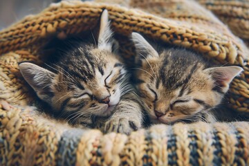 Wall Mural - Two kittens are sleeping in a blanket