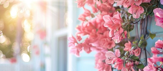 Sticker - pink flowers adorn the corner of the house adding to the beauty. Copy space image. Place for adding text and design