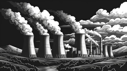 Cartoon drawing of cooling towers in a nuclear plant