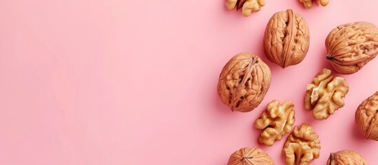 Wall Mural - walnuts on a pastel background  Food  Isolated  Nature. Copy space image. Place for adding text and design