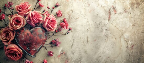 Wall Mural - Valentines Day background with heart and roses. Vintage style. Copy space image. Place for adding text or design