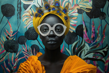Artistic portrait of a woman with dark skin, wearing white glasses and a vibrant yellow headdress, set against a colorful, patterned background