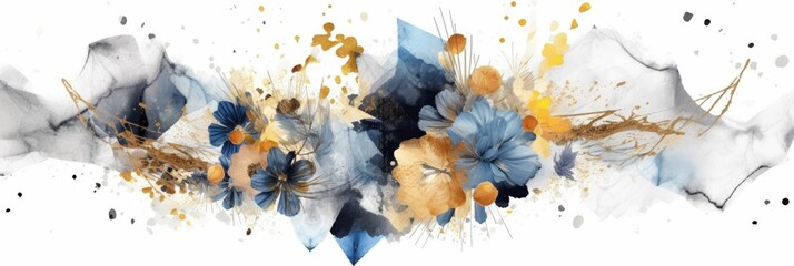 Wall Mural - Abstract luxury floral watercolor banner with elegance elements and splashes. Golden line with blue and gold flower decorated and line arrangement with white background. Elegant design concept. AIG35.