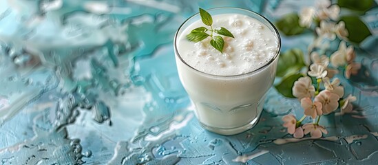 Wall Mural - glass cup of turkish traditional drink ayran , kefir or buttermilk made from yogurt, healthy food. c