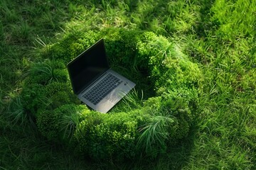 image of laptop standing on meadow in circular shape. Sustainable technology concept.