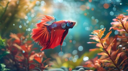 Sticker - Vibrant Betta Fish in Colorful Aquarium with Lush Aquatic Backdrop and Copy Space