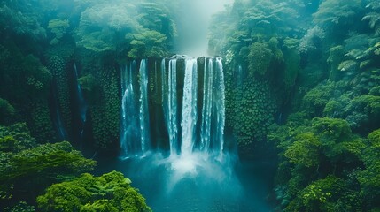 Canvas Print - Majestic Waterfall in Lush Tropical Rainforest Captured by Drone Showcasing Nature s Vibrant Grandeur