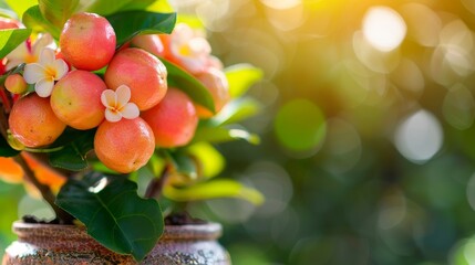 Wall Mural - close-up of lush green leaves and vibrant orange fruits on a small tree, natural light, sunny day, g