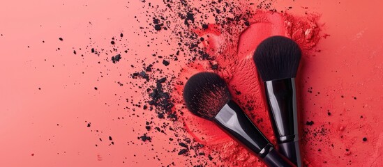 Canvas Print - Art of visage. Horizontal closeup photo of two professional black makeup brushes with red powder isolated on pastel background with copy place