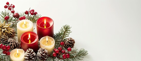 Poster - Christmas decoration with candles on white background. Copy space image. Place for adding text and design