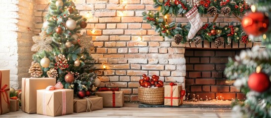 Wall Mural - christmas and new year decor, christmas tree by the fireplace, decorations and gifts. copy space ima