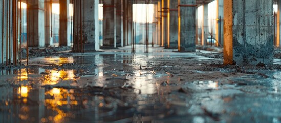 Canvas Print - A row of freshly poured concrete pillars in a high rise construction project showing rebar reinforcing steel at the top. Copy space image. Place for adding text or design