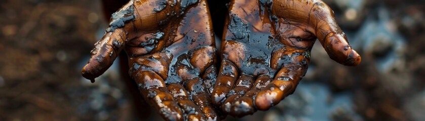 Pollution Crisis: Close-up of Oil-Covered Hands - A Symbol of Environmental Hazard and Energy Source Dependence