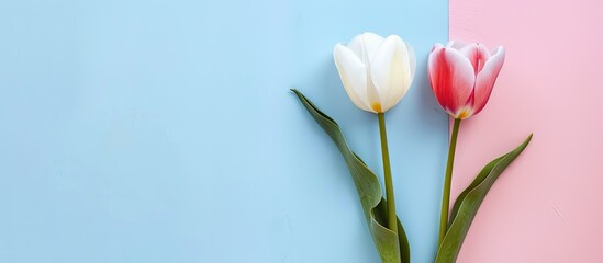 Sticker - Two beautiful Tulip a different color pastel background. Copy space image. Place for adding text and design