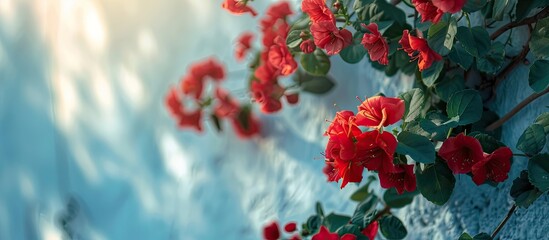 Wall Mural - Red flowers on Santorini island. Copy space image. Place for adding text and design
