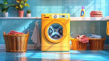 Wall Mural - Fun cartoon laundry room service: colorful illustration with a functional washing machine, laundry baskets, and detergent for cheerful designs