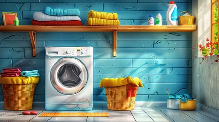 Wall Mural - Fun cartoon laundry room service: colorful illustration with a functional washing machine, laundry baskets, and detergent for cheerful designs