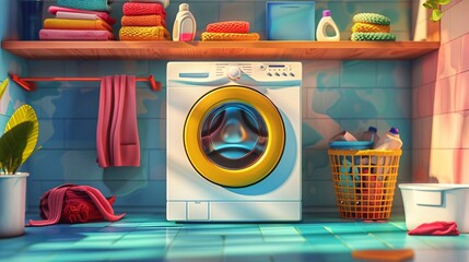 Wall Mural - Vibrant laundry room cartoon: washing machine surrounded by laundry essentials like baskets and detergent on a colorful backdrop.