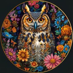 Wall Mural - owl with mandala flowers