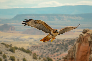 Wall Mural - Red-tailed hawk flying over scenic desert canyon