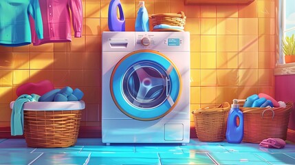 Wall Mural - Vibrant laundry room cartoon: washing machine surrounded by laundry essentials like baskets and detergent on a colorful backdrop.