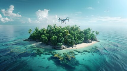 Canvas Print - Drone Mapping a Remote and Exotic Island Landscape with Modern High Tech Precision