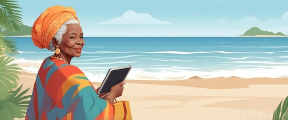 Wall Mural - african elder woman in beach retirement tra travel holiday lifestyle concept banner background