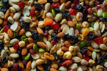 A colorful mix of nuts, dried fruits, and seeds, creating a nutritious and appetizing display for a healthy snack