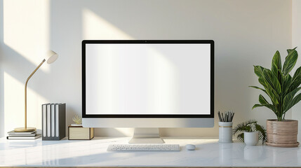 Blank screen desktop computer in minimal office room with decorations and copy space