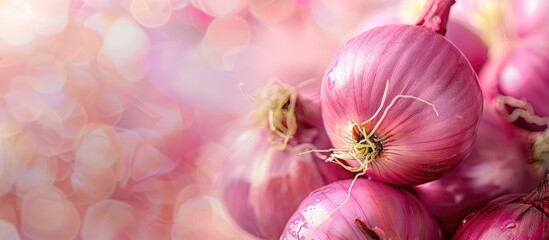 Wall Mural - Closeup of ripe onion with selective focus. pastel background. Copy space image. Place for adding text and design