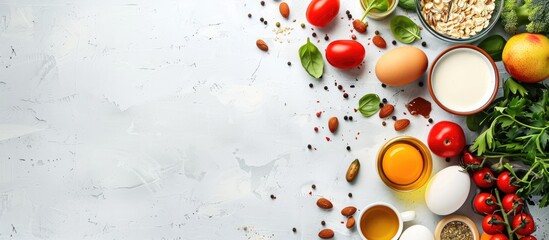 Wall Mural - Ovo-lacto vegetarian diet concept. Fruits, vegetables, dairy products, eggs, seeds, healthy fats and grains. Copy space image. Place for adding text and design