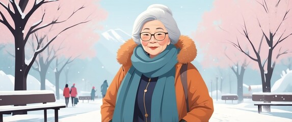 asian elder woman in winter park tra travel holiday lifestyle concept banner background