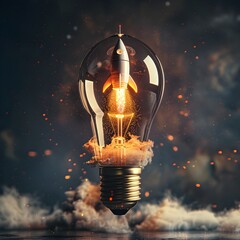 Poster - Illuminating Idea Taking Off Rocket Powered Light Bulb Symbolizing Innovation and Creativity