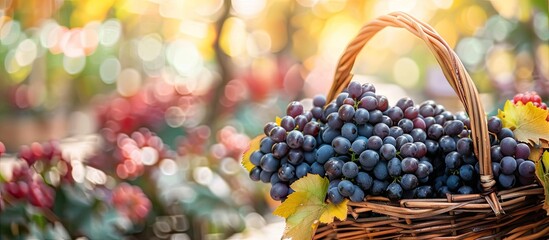 Poster - Basket full of black grapes, in a autumn market. Copy space image. Place for adding text or design