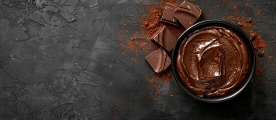 Wall Mural - ceramic bowl of chocolate cream or melted chocolate and pieces of chocolate on dark concrete background. Copy space image. Place for adding text and design