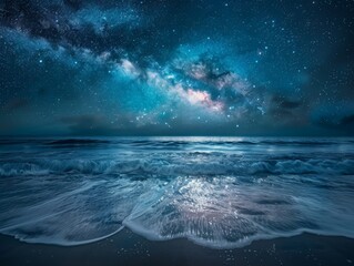 Gentle waves on a calm ocean under a clear, starry night sky, with the Milky Way visible above, creating a peaceful and serene scene 