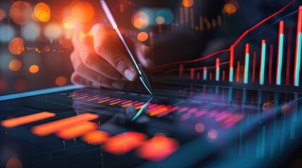 Close-up of analysis of work with the latest financial results, graphical analysis, forecasting financial account sales by handwriting, abstract digital results for background.