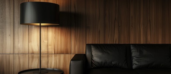 Sticker - A Black Tall Lamp in a Corner of Wooden Wall ; The surface of a Black Wooden Table and a Black Leather Couch. Copy space image. Place for adding text and design