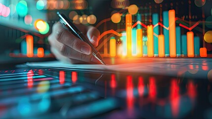 Close-up of analysis of work with the latest financial results, graphical analysis, forecasting financial account sales by handwriting, abstract digital results for background.