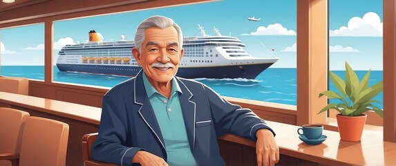 hispanic elder man in cruise ship retirement tra travel holiday lifestyle concept banner background