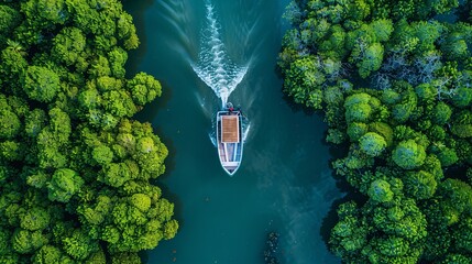 Serene mangrove exploration: aerial shot of a boat navigating through lush greenery, depicting peaceful nature.