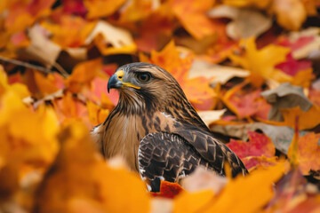 Wall Mural - Red-tailed hawk resting on autumn leaves