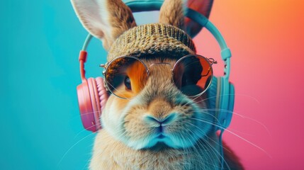 Cool bunny, stylish hat and vintage round sunglasses. Listen to music on colorful background wireless headphones Animal style creative concep