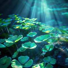 Wall Mural - A field of green flowers with sunlight shining on them